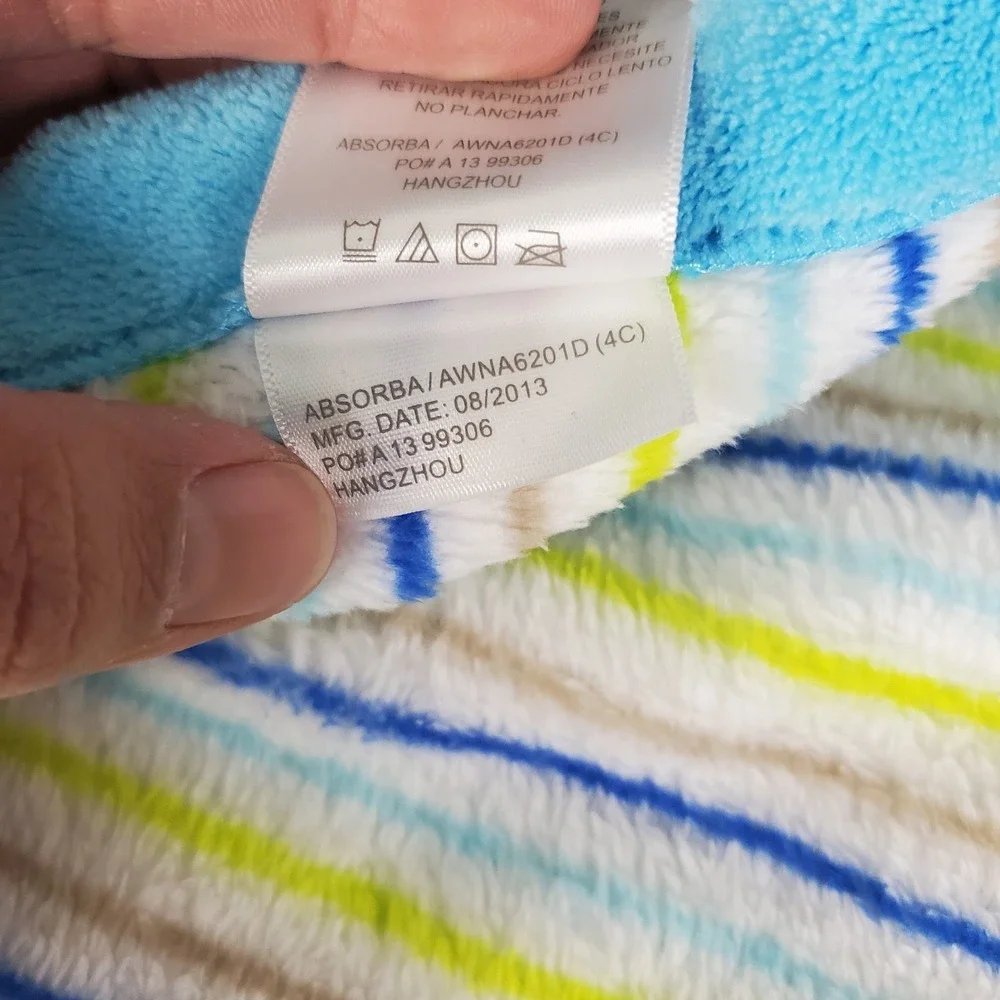 ABSORBA Fleece Baby Blanket Blue Trim Green Blue Brown Stripe Elephants Applique